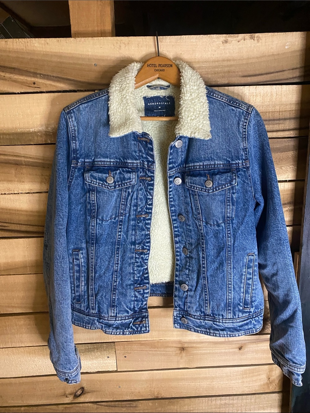 Aeropostale Blue Denim Jacket with Cream Sherpa Collar and lining medium